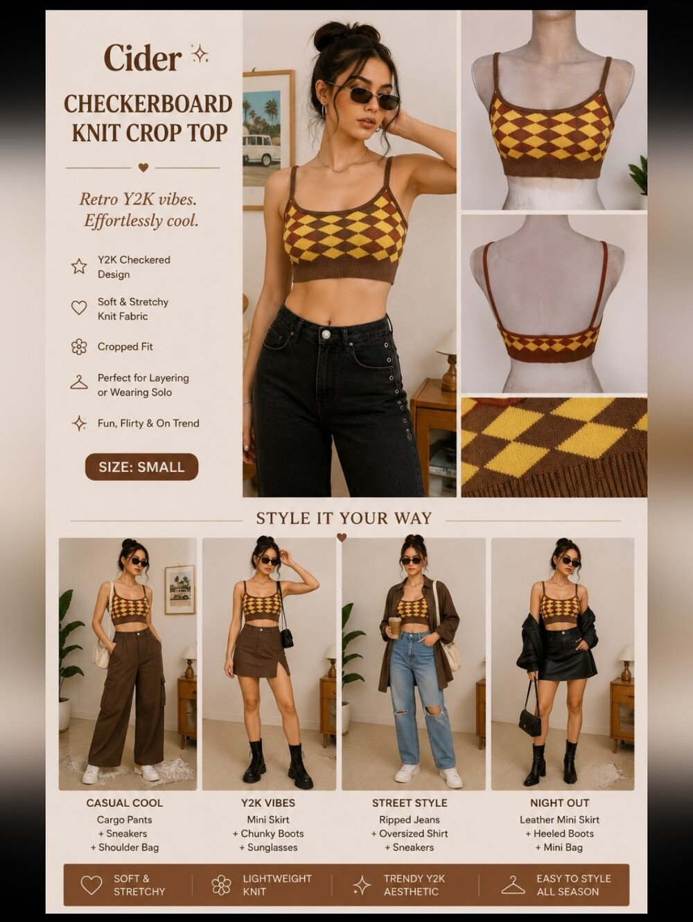 Cider Checkerboard Knit Crop Top • Retro Y2K • Size S